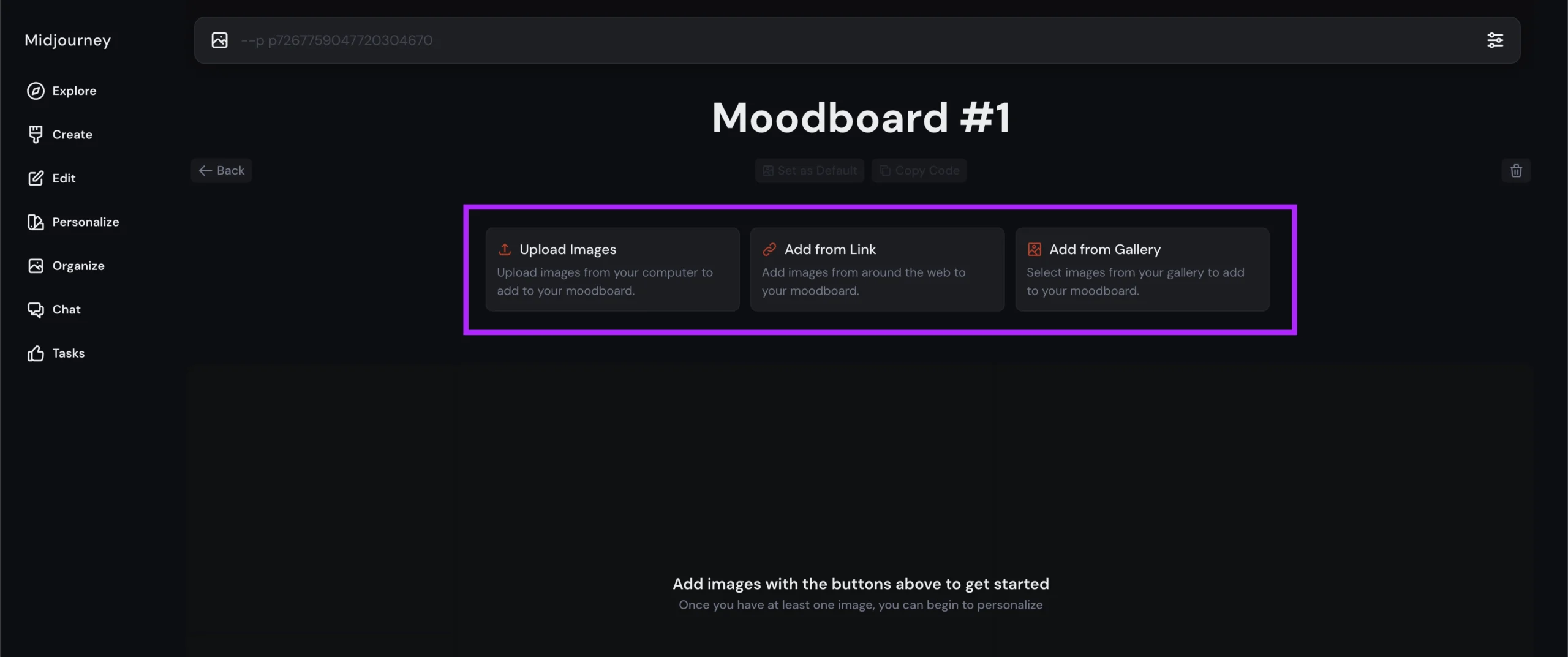 Moodboard upload images Midjourney Personalization